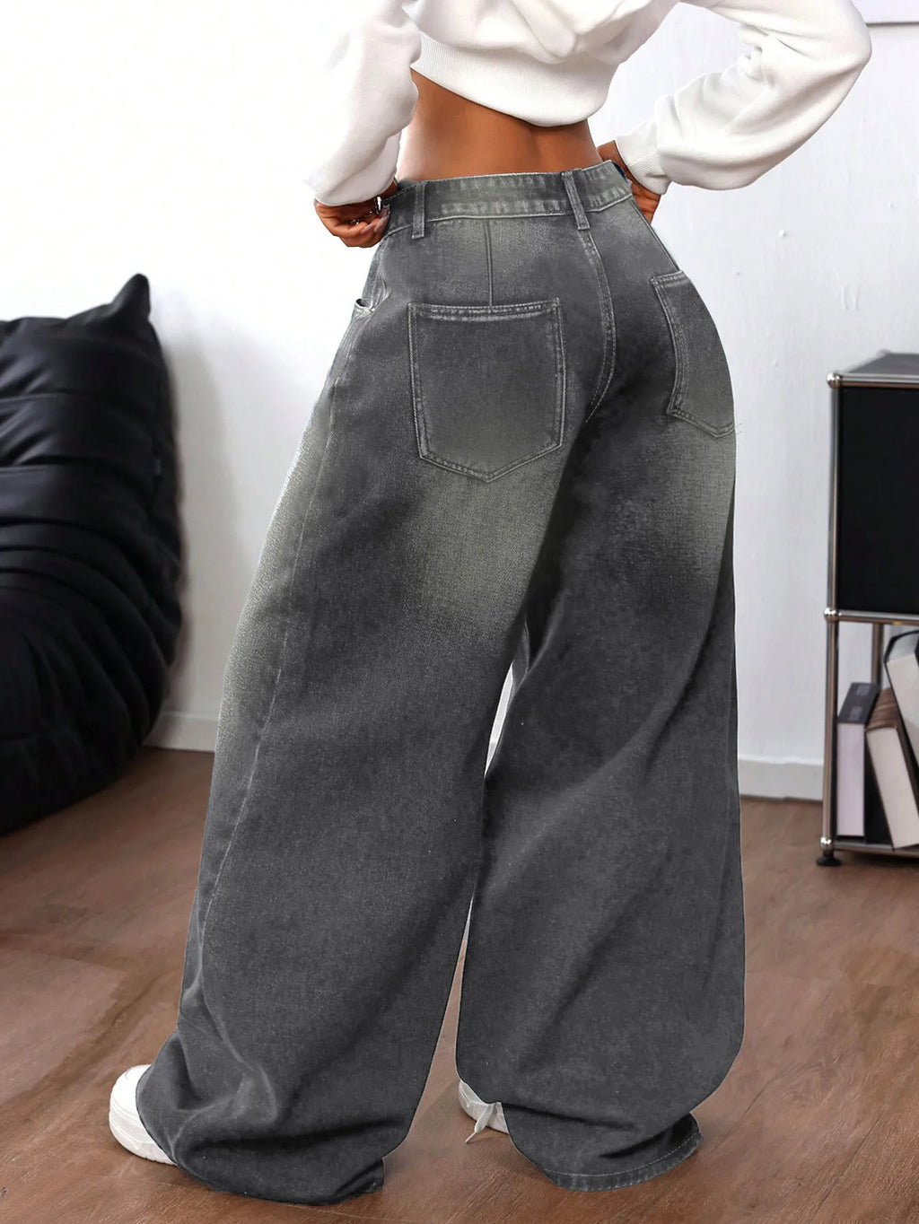 Grey Washed Loose Women's Long Floor-Length Wide Leg Jeans Casual Straight Cut Trousers Comfortable Cotton Denim Jeans