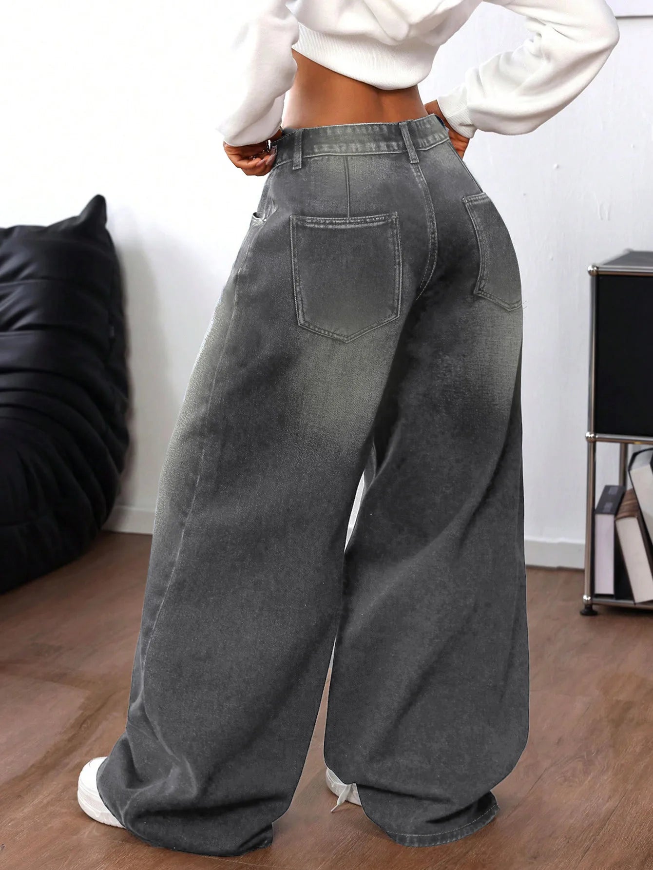 Grey Washed Loose Women's Long Floor-Length Wide Leg Jeans Casual Straight Cut Trousers Comfortable Cotton Denim Jeans