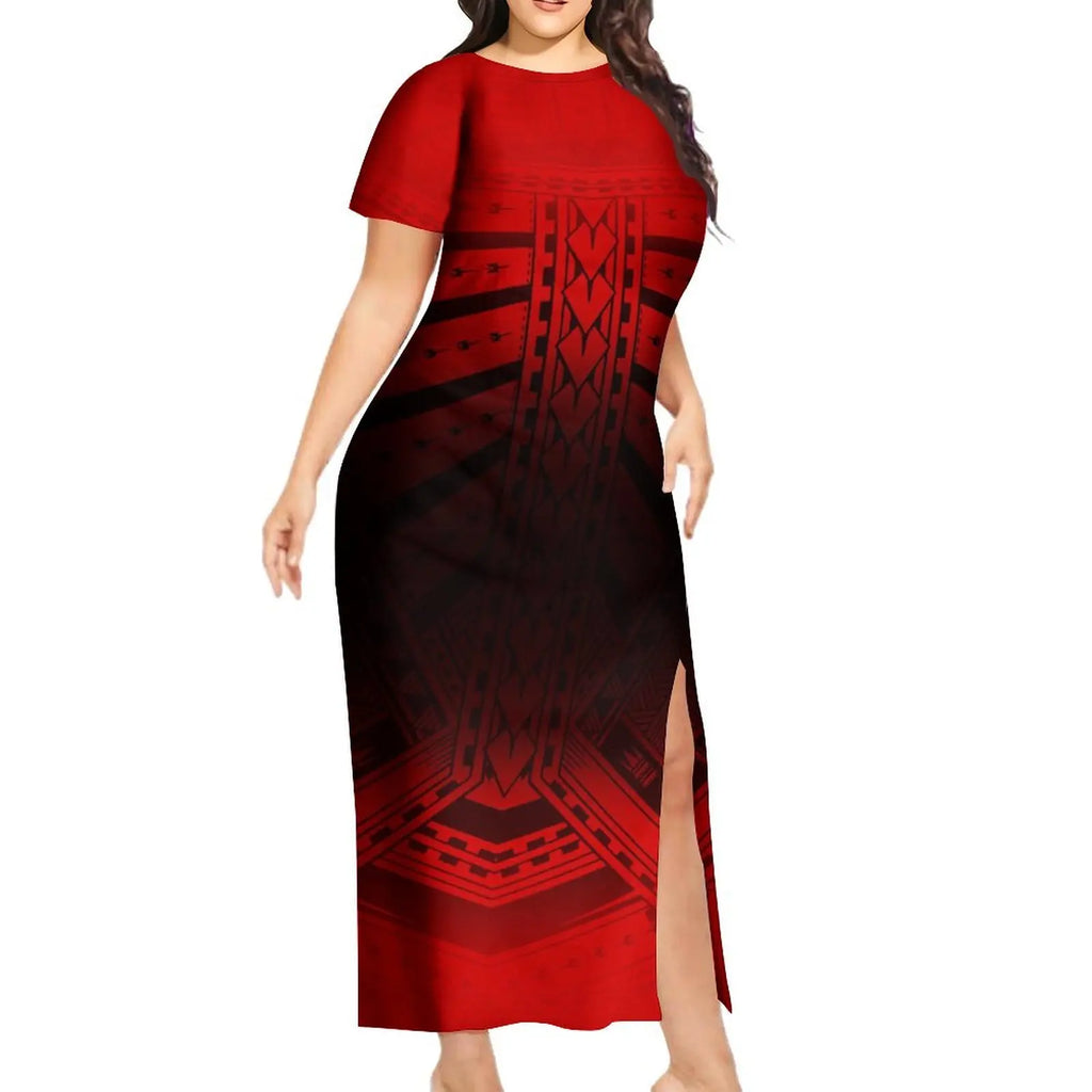 Support Custom Samoan National Dress Women'S Crew-Neck Maxi Dress Fashion Slit Dress With Men'S Short-Sleeved Shirt 9xl
