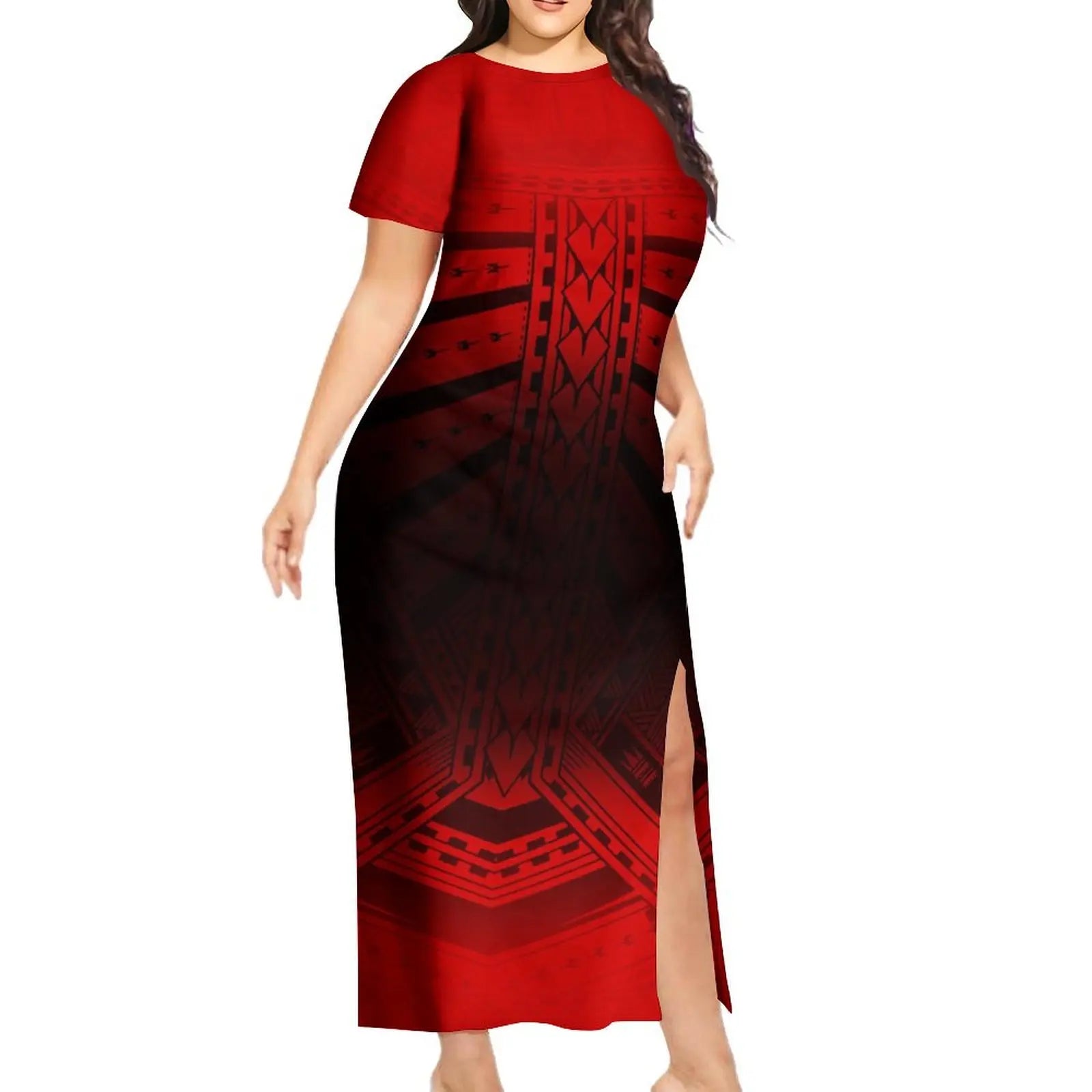 Support Custom Samoan National Dress Women'S Crew-Neck Maxi Dress Fashion Slit Dress With Men'S Short-Sleeved Shirt 9xl