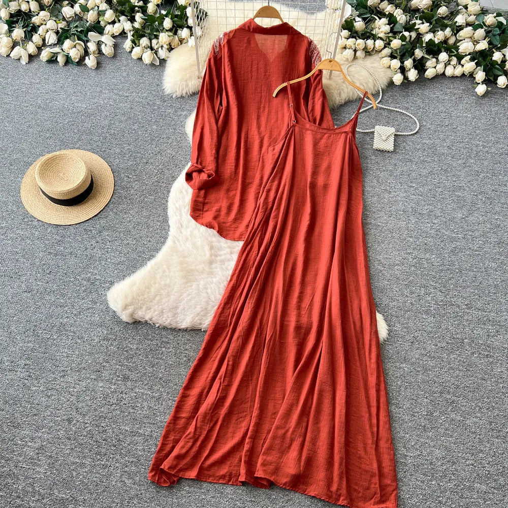 Women Two Piece Sets Dress Set Full Sleeve Shirt Casual Loose Long Dresses Sling A Line Y2k Streetwear Elegant Work Summer 2026