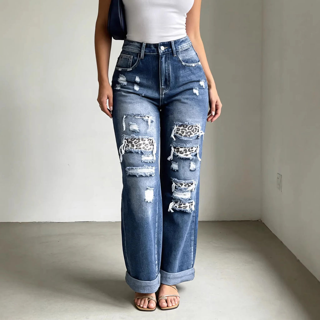 Women Jeans Denim Pant Wide Leg Long Pants Vintage Hole Casual Loose High Waist Straight Trousers Y2k Streetwear Elegant 2026