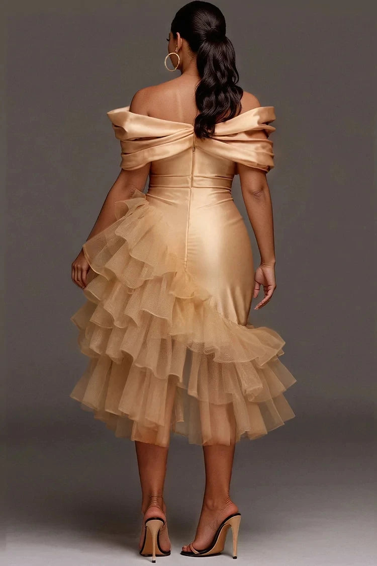 Customized Gold Prom Dresses Plus Size Off Shoulder Trumpet Ruffles Tulle Elastic Satin Pleats Formal Party Evening Gowns