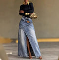 Skirt for Women 2026 Spring Autumn New Solid Color High Waisted Irregular Slit Streetwear Casual Denim A-Line Long Skirt