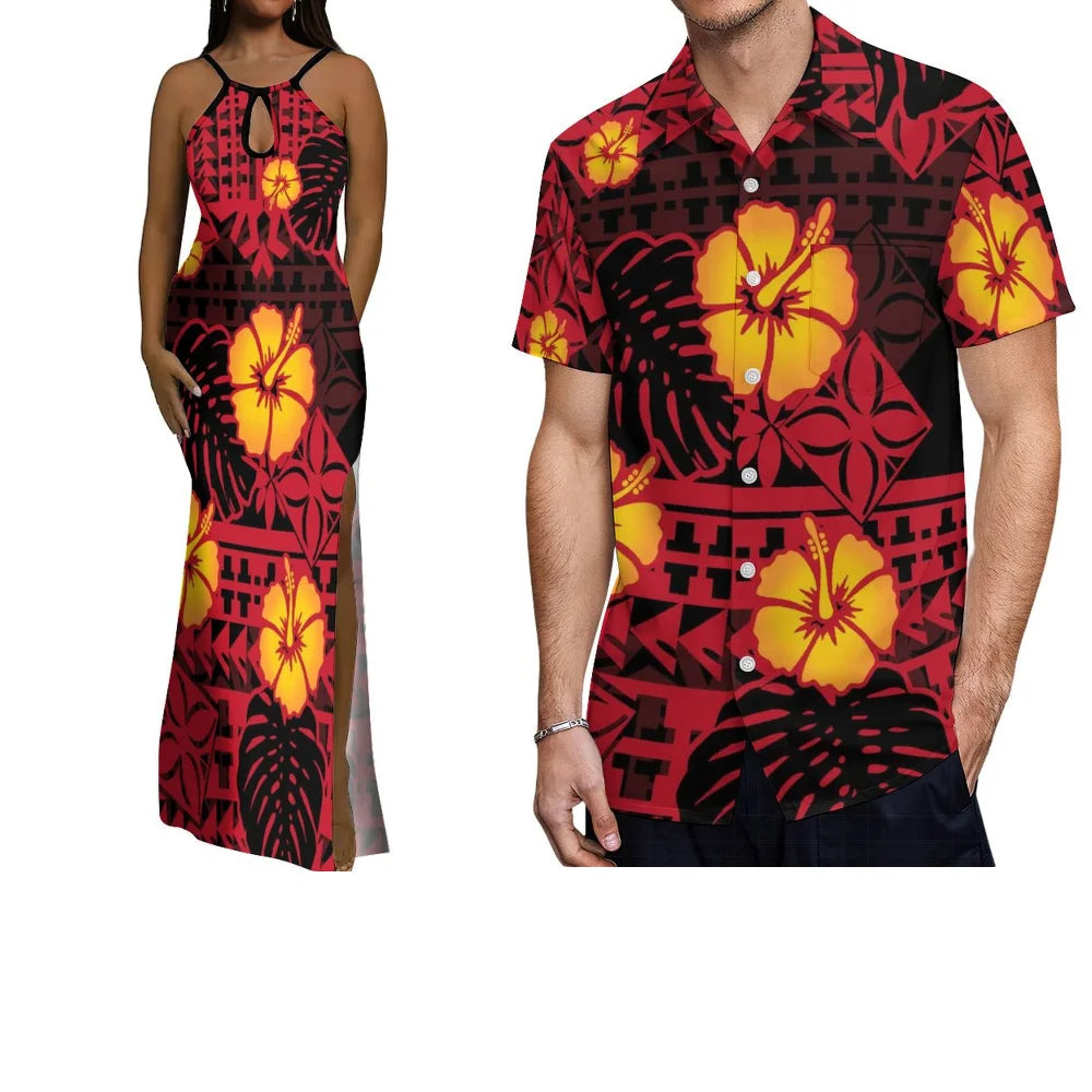 Polynesian Custom-Made Couple Set  Hawaiian-Style Printed Design  Vacation-Style Women'S Halter Dress  Men'S Pocket Shirt Top