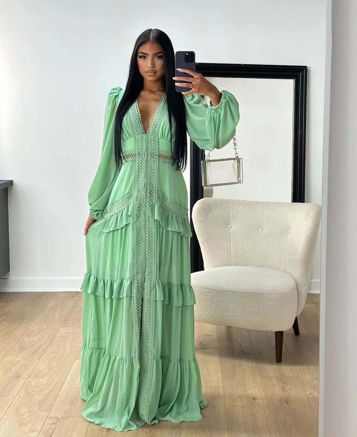 Elegant Womens Maxi Dress Ruffles Long Sleeve Hollow Out Evening Dresses Party Chic Robe Green Blue Purple New In Holiday Summer - SHEFYSTYLEElegant Womens Maxi Dress Ruffles Long Sleeve Hollow Out Evening Dresses Party Chic Robe Green Blue Purple New In Holiday SummerSHEFYSTYLESHEFYSTYLE14:1254Green;5:361385GreenLElegant Womens Maxi Dress Ruffles Long Sleeve Hollow Out Evening Dresses Party Chic Robe Green Blue Purple New In Holiday Summer