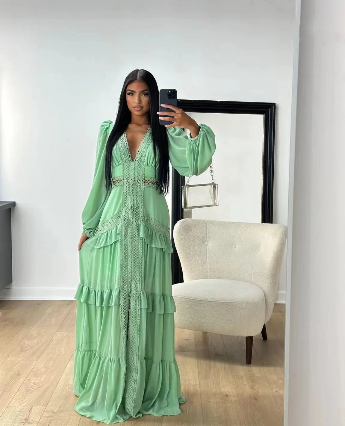 Elegant Womens Maxi Dress Ruffles Long Sleeve Hollow Out Evening Dresses Party Chic Robe Green Blue Purple New In Holiday Summer - SHEFYSTYLEElegant Womens Maxi Dress Ruffles Long Sleeve Hollow Out Evening Dresses Party Chic Robe Green Blue Purple New In Holiday SummerSHEFYSTYLESHEFYSTYLE14:1254Green;5:361385GreenLElegant Womens Maxi Dress Ruffles Long Sleeve Hollow Out Evening Dresses Party Chic Robe Green Blue Purple New In Holiday Summer