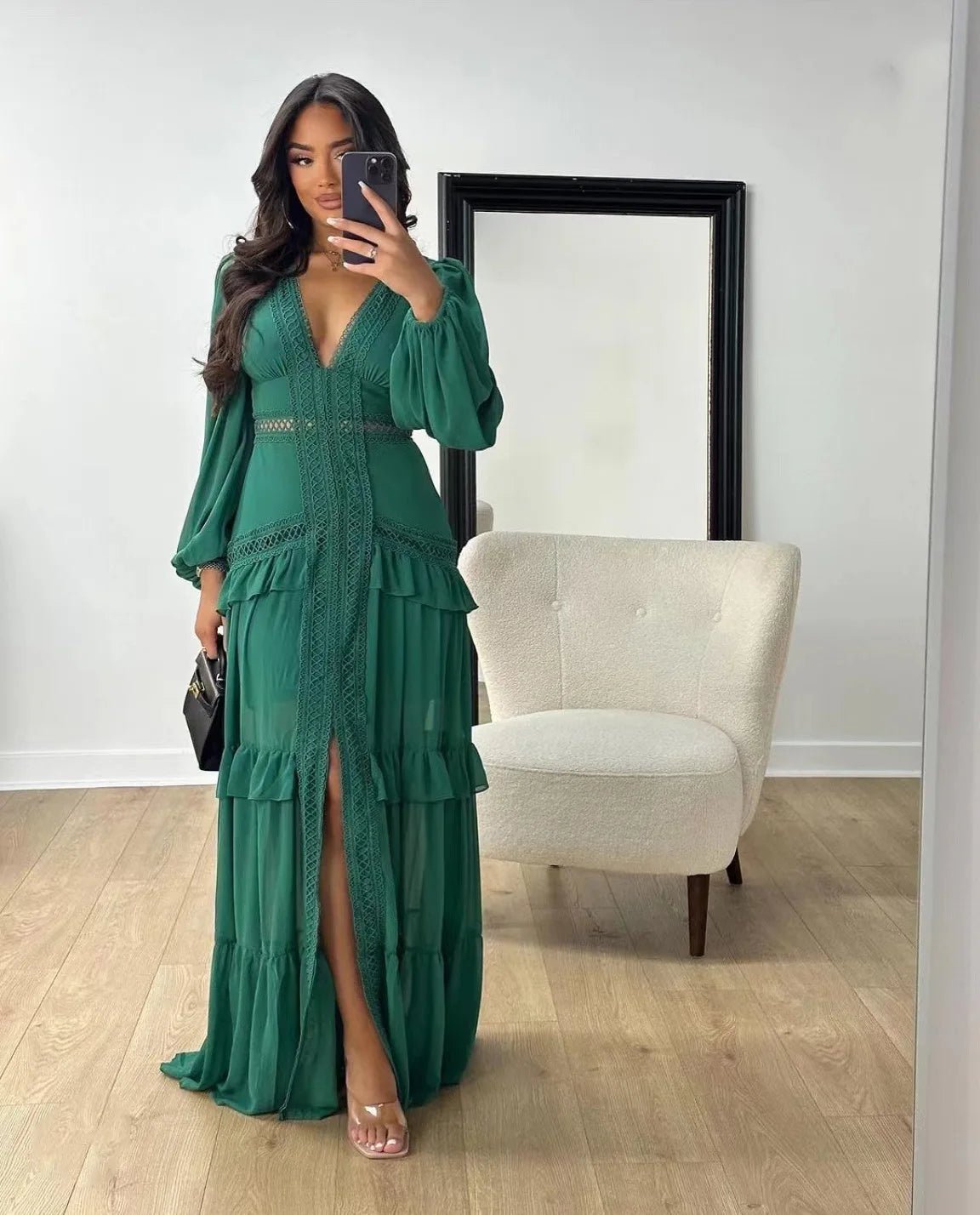 Elegant Womens Maxi Dress Ruffles Long Sleeve Hollow Out Evening Dresses Party Chic Robe Green Blue Purple New In Holiday Summer - SHEFYSTYLEElegant Womens Maxi Dress Ruffles Long Sleeve Hollow Out Evening Dresses Party Chic Robe Green Blue Purple New In Holiday SummerSHEFYSTYLESHEFYSTYLE14:1254Green;5:361385GreenLElegant Womens Maxi Dress Ruffles Long Sleeve Hollow Out Evening Dresses Party Chic Robe Green Blue Purple New In Holiday Summer
