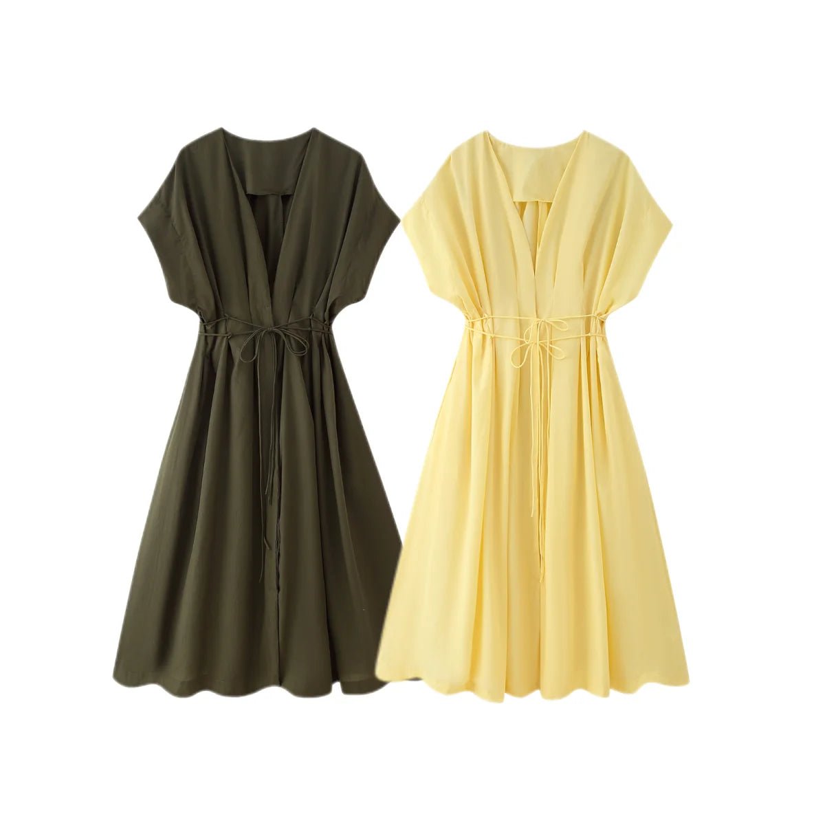 HH Women's New Fashion V-neck Pleated Down Shoulder Short Sleeve Midi Dress Female Temperament High-waist Casual Long Dress - SHEFYSTYLEHH Women's New Fashion V-neck Pleated Down Shoulder Short Sleeve Midi Dress Female Temperament High-waist Casual Long DressSHEFYSTYLESHEFYSTYLE14:193brown;5:872brownXSHH Women's New Fashion V-neck Pleated Down Shoulder Short Sleeve Midi Dress Female Temperament High-waist Casual Long Dress