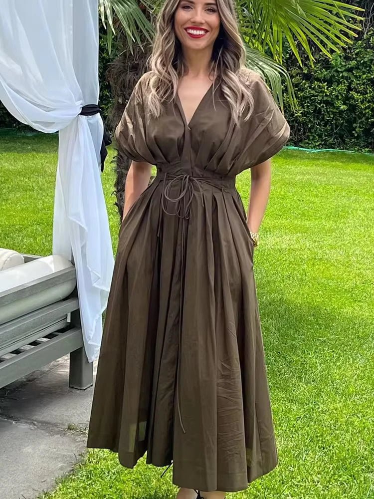 HH Women's New Fashion V-neck Pleated Down Shoulder Short Sleeve Midi Dress Female Temperament High-waist Casual Long Dress - SHEFYSTYLEHH Women's New Fashion V-neck Pleated Down Shoulder Short Sleeve Midi Dress Female Temperament High-waist Casual Long DressSHEFYSTYLESHEFYSTYLE14:193brown;5:872brownXSHH Women's New Fashion V-neck Pleated Down Shoulder Short Sleeve Midi Dress Female Temperament High-waist Casual Long Dress