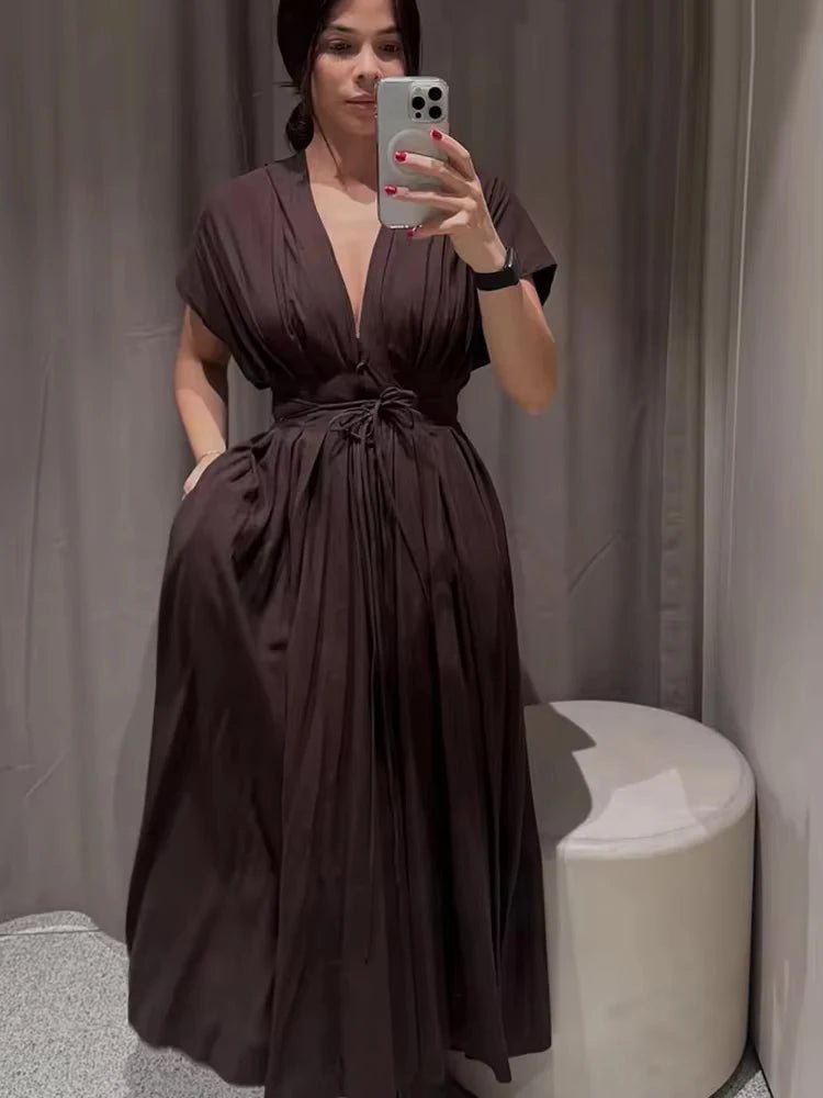 HH Women's New Fashion V-neck Pleated Down Shoulder Short Sleeve Midi Dress Female Temperament High-waist Casual Long Dress - SHEFYSTYLEHH Women's New Fashion V-neck Pleated Down Shoulder Short Sleeve Midi Dress Female Temperament High-waist Casual Long DressSHEFYSTYLESHEFYSTYLE14:193brown;5:872brownXSHH Women's New Fashion V-neck Pleated Down Shoulder Short Sleeve Midi Dress Female Temperament High-waist Casual Long Dress