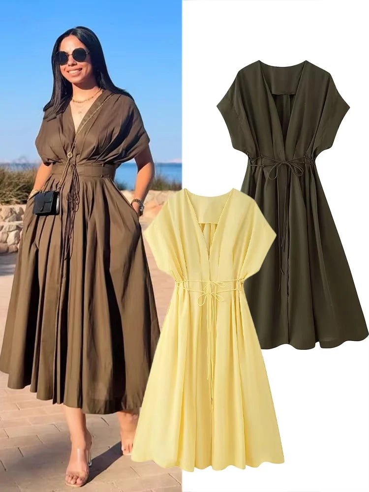 HH Women's New Fashion V-neck Pleated Down Shoulder Short Sleeve Midi Dress Female Temperament High-waist Casual Long Dress - SHEFYSTYLEHH Women's New Fashion V-neck Pleated Down Shoulder Short Sleeve Midi Dress Female Temperament High-waist Casual Long DressSHEFYSTYLESHEFYSTYLE14:193brown;5:872brownXSHH Women's New Fashion V-neck Pleated Down Shoulder Short Sleeve Midi Dress Female Temperament High-waist Casual Long Dress