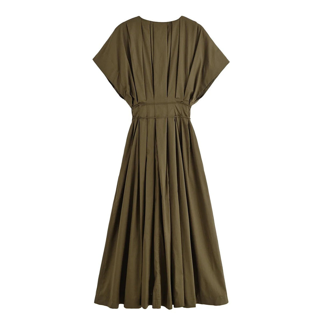 HH Women's New Fashion V-neck Pleated Down Shoulder Short Sleeve Midi Dress Female Temperament High-waist Casual Long Dress - SHEFYSTYLEHH Women's New Fashion V-neck Pleated Down Shoulder Short Sleeve Midi Dress Female Temperament High-waist Casual Long DressSHEFYSTYLESHEFYSTYLE14:193brown;5:872brownXSHH Women's New Fashion V-neck Pleated Down Shoulder Short Sleeve Midi Dress Female Temperament High-waist Casual Long Dress
