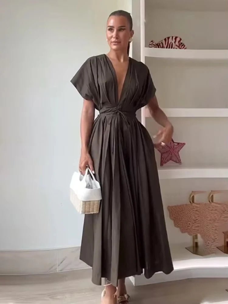 HH Women's New Fashion V-neck Pleated Down Shoulder Short Sleeve Midi Dress Female Temperament High-waist Casual Long Dress - SHEFYSTYLEHH Women's New Fashion V-neck Pleated Down Shoulder Short Sleeve Midi Dress Female Temperament High-waist Casual Long DressSHEFYSTYLESHEFYSTYLE14:193brown;5:872brownXSHH Women's New Fashion V-neck Pleated Down Shoulder Short Sleeve Midi Dress Female Temperament High-waist Casual Long Dress