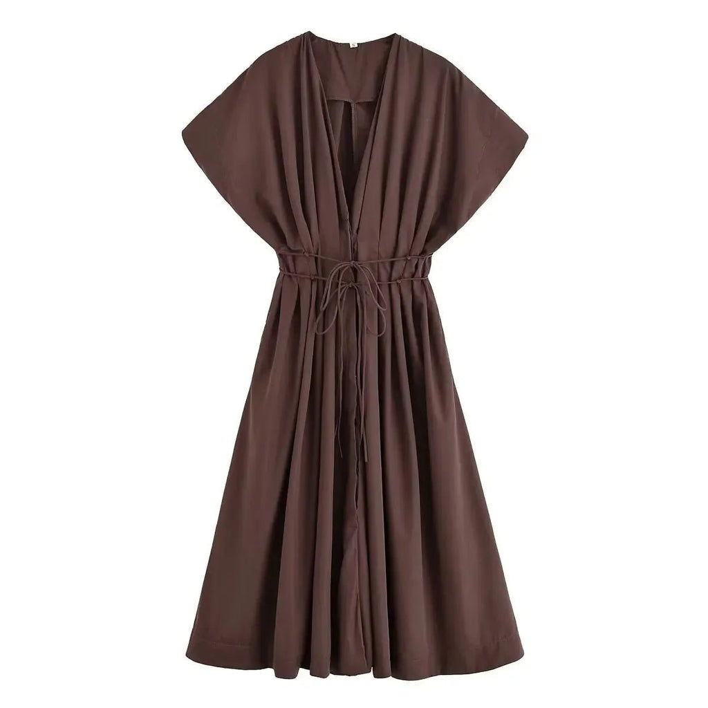HH Women's New Fashion V-neck Pleated Down Shoulder Short Sleeve Midi Dress Female Temperament High-waist Casual Long Dress - SHEFYSTYLEHH Women's New Fashion V-neck Pleated Down Shoulder Short Sleeve Midi Dress Female Temperament High-waist Casual Long DressSHEFYSTYLESHEFYSTYLE14:193brown;5:872brownXSHH Women's New Fashion V-neck Pleated Down Shoulder Short Sleeve Midi Dress Female Temperament High-waist Casual Long Dress