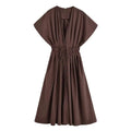 HH Women's New Fashion V-neck Pleated Down Shoulder Short Sleeve Midi Dress Female Temperament High-waist Casual Long Dress - SHEFYSTYLEHH Women's New Fashion V-neck Pleated Down Shoulder Short Sleeve Midi Dress Female Temperament High-waist Casual Long DressSHEFYSTYLESHEFYSTYLE14:193brown;5:872brownXSHH Women's New Fashion V-neck Pleated Down Shoulder Short Sleeve Midi Dress Female Temperament High-waist Casual Long Dress