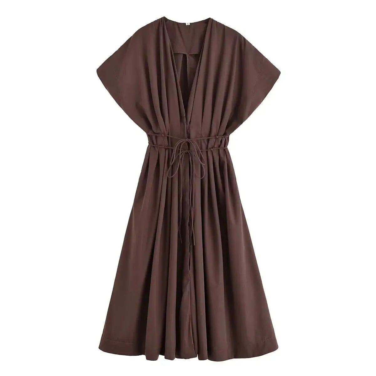 HH Women's New Fashion V-neck Pleated Down Shoulder Short Sleeve Midi Dress Female Temperament High-waist Casual Long Dress - SHEFYSTYLEHH Women's New Fashion V-neck Pleated Down Shoulder Short Sleeve Midi Dress Female Temperament High-waist Casual Long DressSHEFYSTYLESHEFYSTYLE14:193brown;5:872brownXSHH Women's New Fashion V-neck Pleated Down Shoulder Short Sleeve Midi Dress Female Temperament High-waist Casual Long Dress