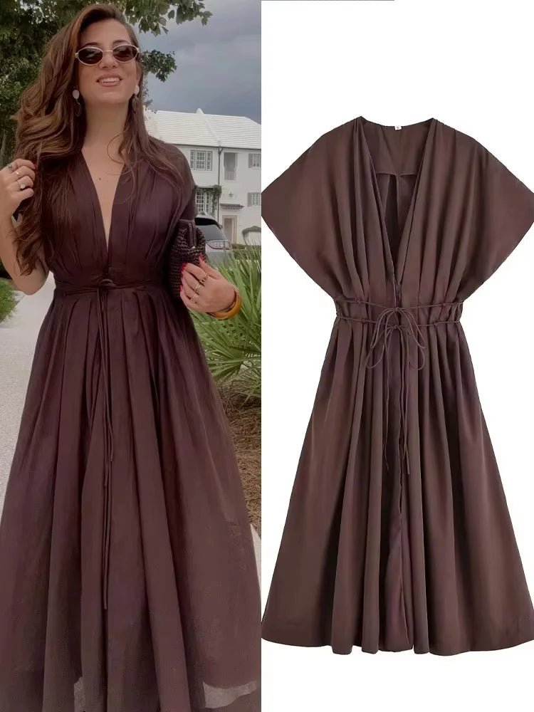 HH Women's New Fashion V-neck Pleated Down Shoulder Short Sleeve Midi Dress Female Temperament High-waist Casual Long Dress - SHEFYSTYLEHH Women's New Fashion V-neck Pleated Down Shoulder Short Sleeve Midi Dress Female Temperament High-waist Casual Long DressSHEFYSTYLESHEFYSTYLE14:193brown;5:872brownXSHH Women's New Fashion V-neck Pleated Down Shoulder Short Sleeve Midi Dress Female Temperament High-waist Casual Long Dress