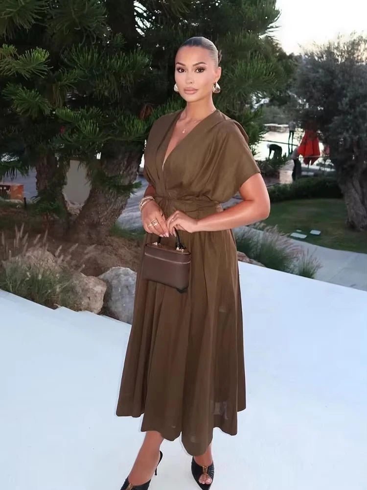 HH Women's New Fashion V-neck Pleated Down Shoulder Short Sleeve Midi Dress Female Temperament High-waist Casual Long Dress - SHEFYSTYLEHH Women's New Fashion V-neck Pleated Down Shoulder Short Sleeve Midi Dress Female Temperament High-waist Casual Long DressSHEFYSTYLESHEFYSTYLE14:193brown;5:872brownXSHH Women's New Fashion V-neck Pleated Down Shoulder Short Sleeve Midi Dress Female Temperament High-waist Casual Long Dress